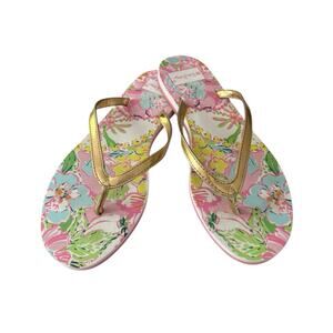 Lilly Pulitzer Flip Flop Sandals Thong Womens 8 Floral Nosey Posey Gold Toe Post